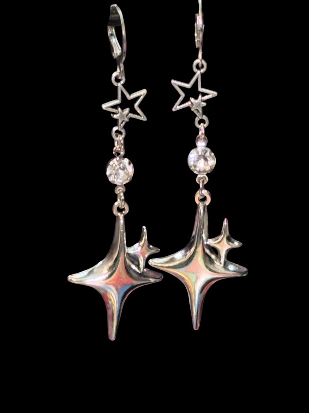 Handmade Silver Starburst Drop Earrings with Crystal Accent